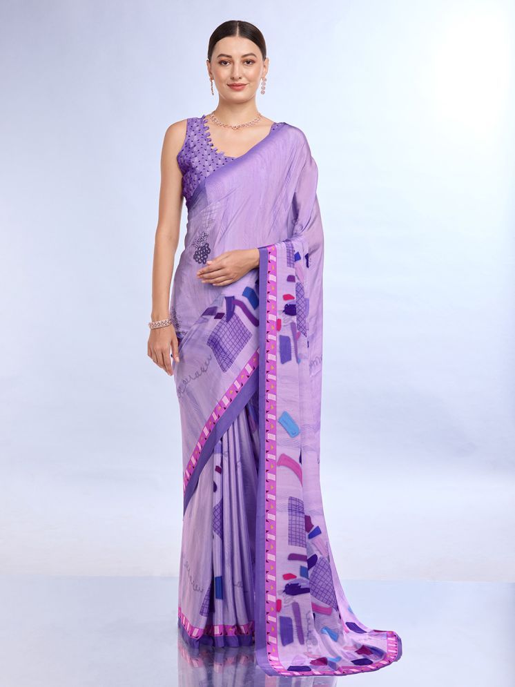     			Rekha Maniyar Satin Printed Saree With Blouse Piece - Purple ( Pack of 1 )