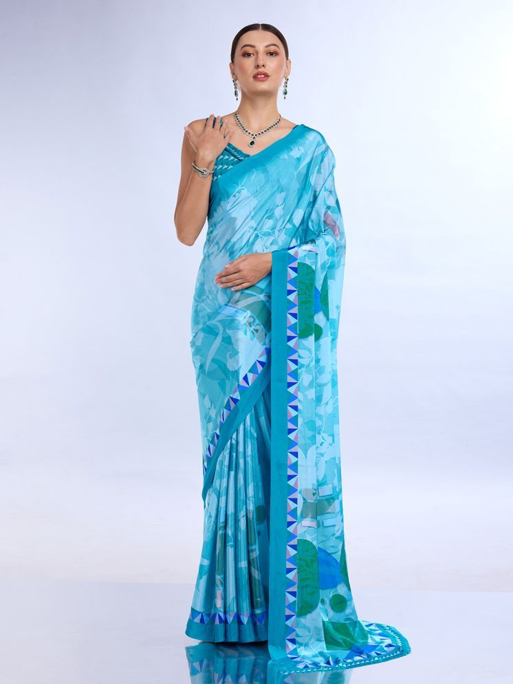     			Rekha Maniyar Satin Printed Saree With Blouse Piece - Blue ( Pack of 1 )