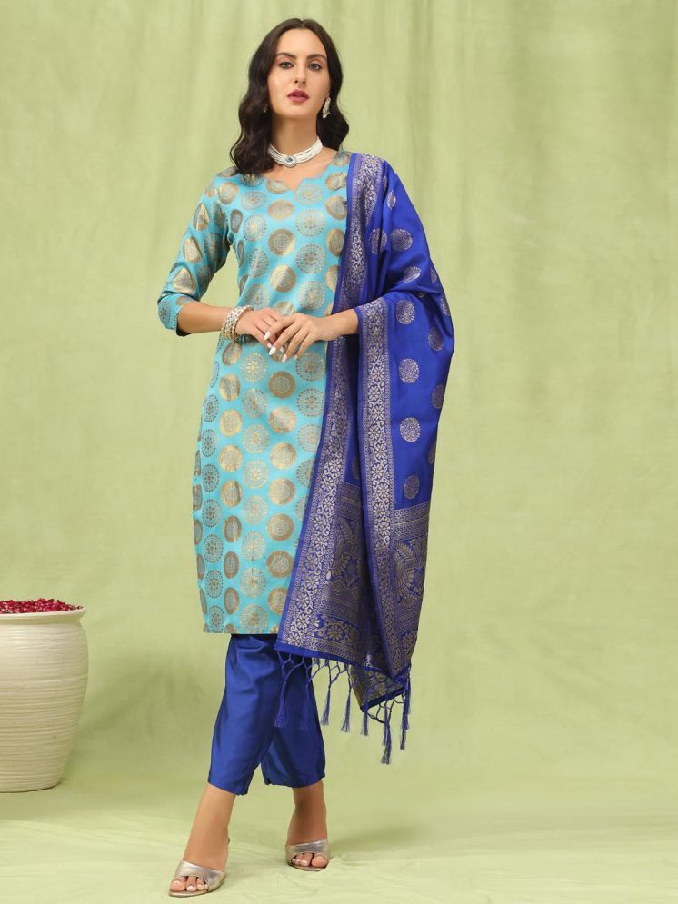     			VredeVogel Cotton Silk Embellished Kurti With Pants Women's Stitched Salwar Suit - Blue ( Pack of 1 )