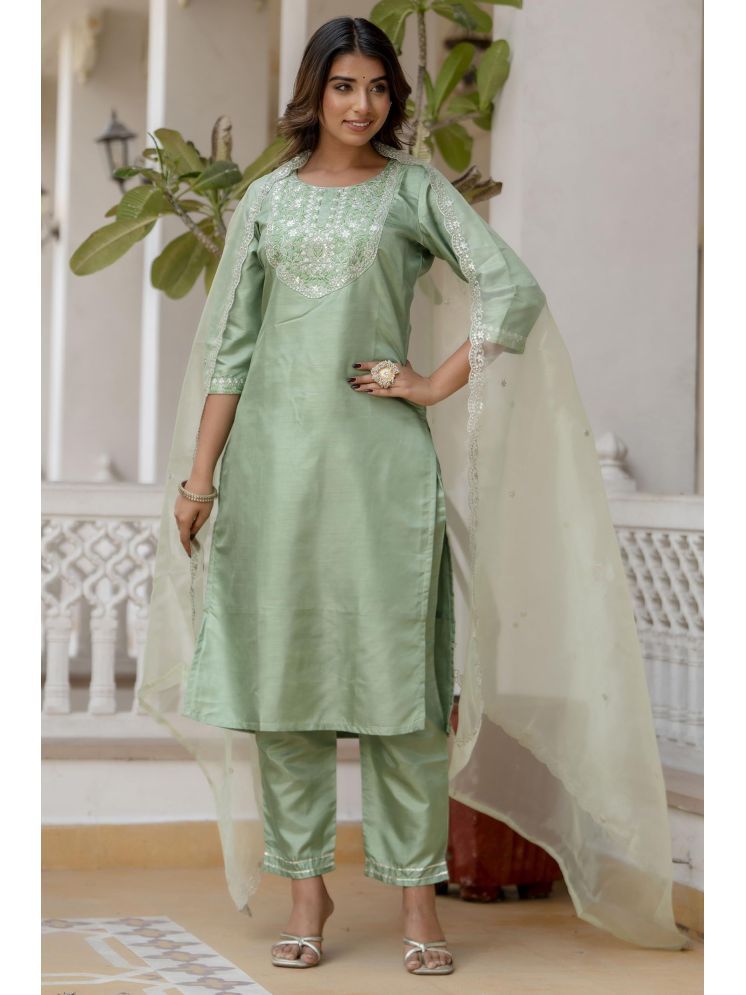     			VredeVogel Silk Blend Embroidered Kurti With Pants Women's Stitched Salwar Suit - Green ( Pack of 1 )