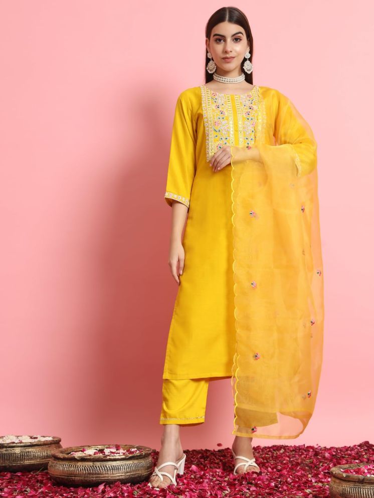     			VredeVogel Silk Blend Embroidered Kurti With Pants Women's Stitched Salwar Suit - Yellow ( Pack of 1 )