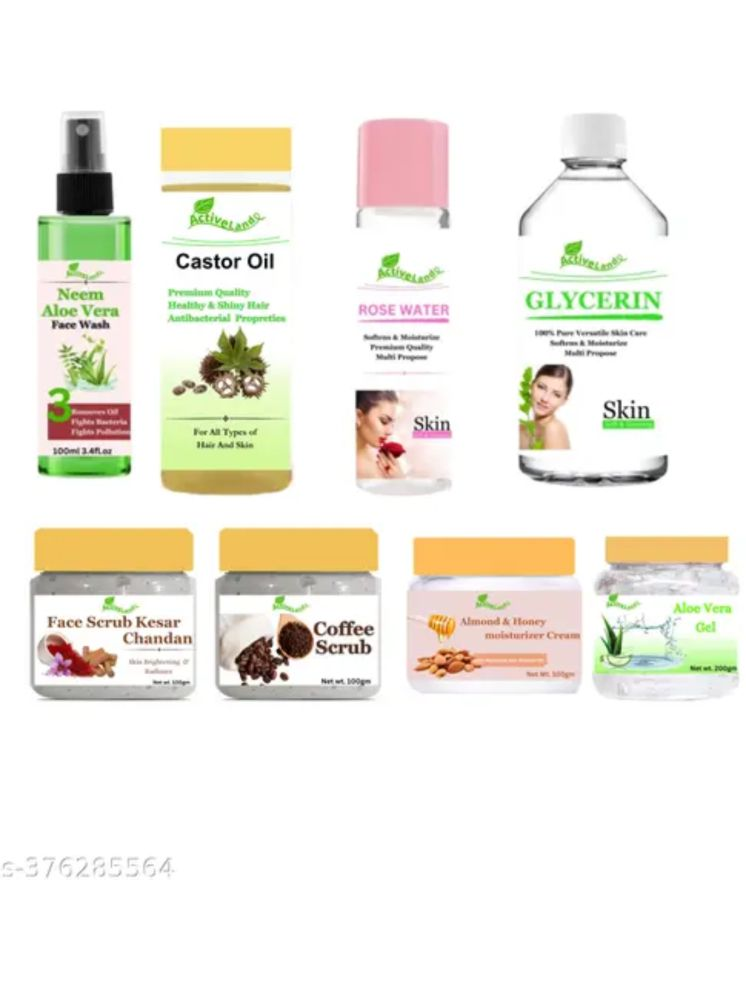     			Activeland Neem alovera face wash 100ml, castor hair oil 100ml Gulab jal 100 ml , Glycerine 100ml ,Kesar chandan scrub 100gm, cofee scrub 100gm, Honey Almond cream 100gm alovera gel 200gm skin kit