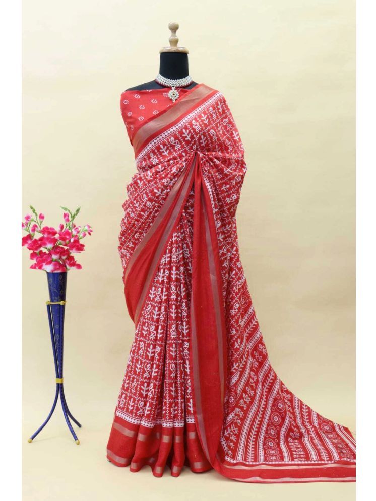     			Bhuwal Fashion Art Silk Printed Saree With Blouse Piece - Red ( Pack of 1 )