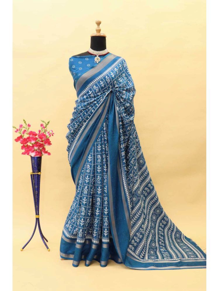     			Bhuwal Fashion Art Silk Printed Saree With Blouse Piece - Turquoise ( Pack of 1 )