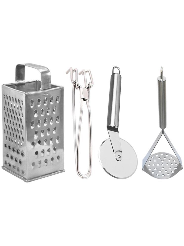     			OC9 Silver Stainless Steel Grater+Pakkad+Pizza Cutter+Masher ( Set of 4 )