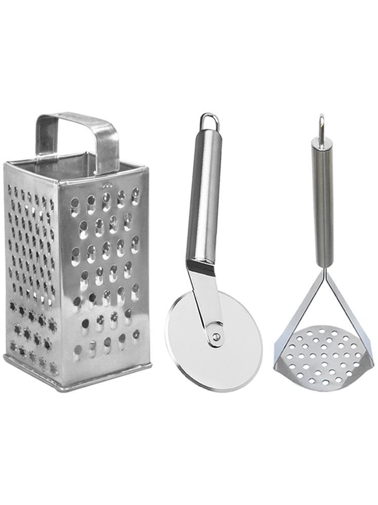     			OC9 Silver Stainless Steel Grater+Pizza Cutter+Masher ( Set of 3 )