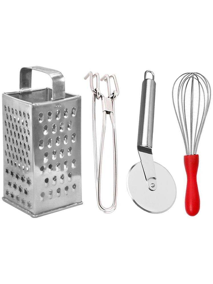     			OC9 Silver Stainless Steel Grater+Pakkad+Pizza Cutter+Whisk ( Set of 4 )