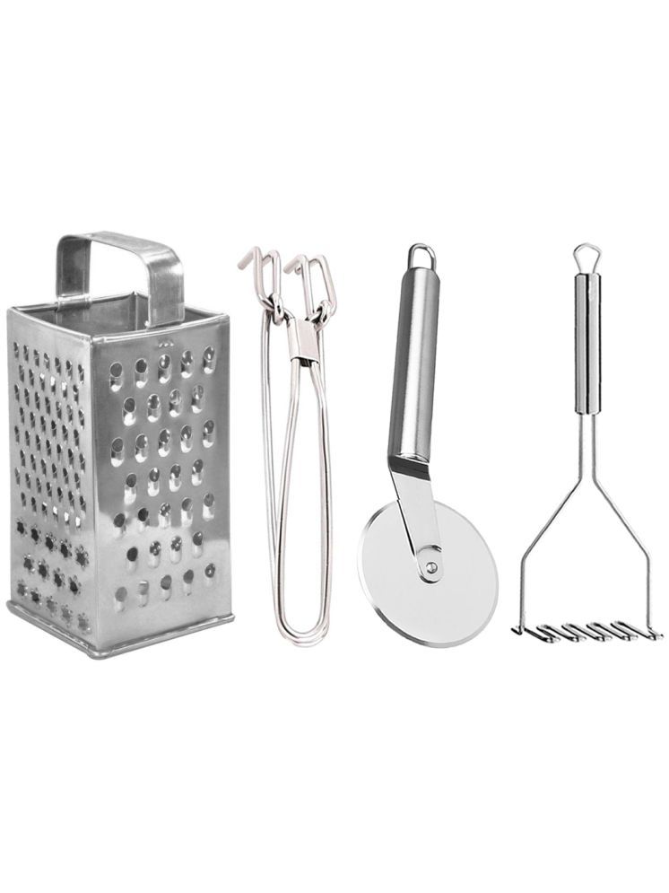     			OC9 Silver Stainless Steel Grater+Pakkad+Pizza Cutter+Masher ( Set of 4 )