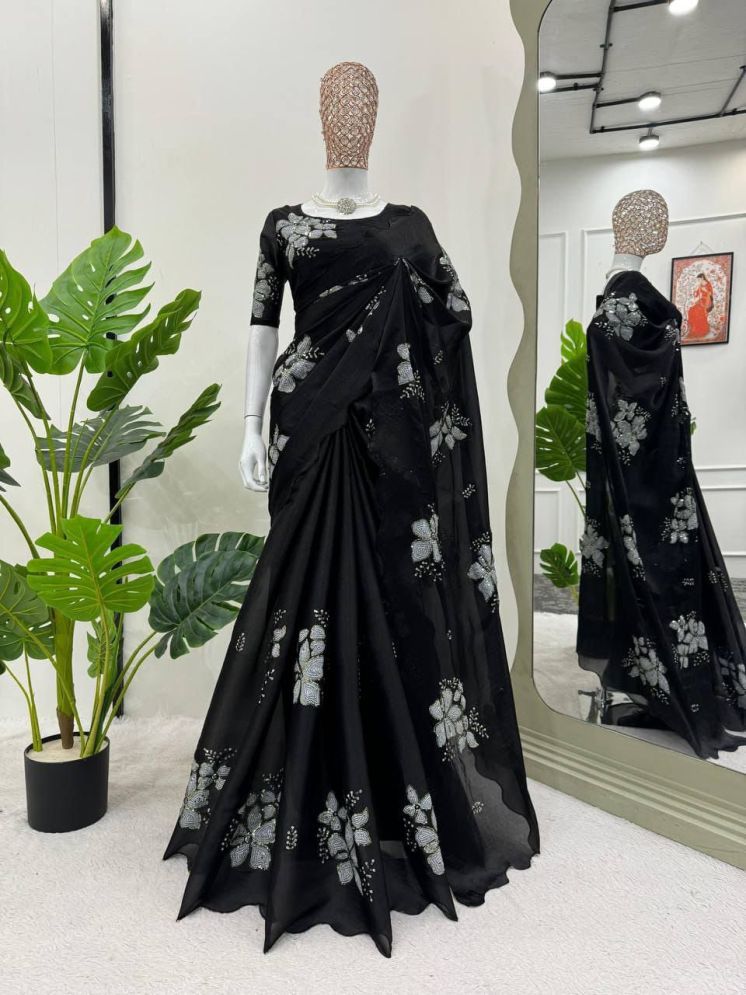     			Apnisha Organza Embellished Saree With Blouse Piece - Black ( Pack of 1 )