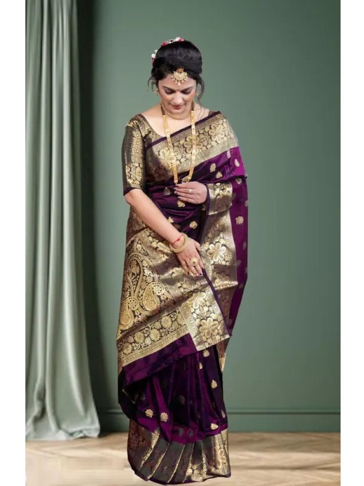     			Gazal Fashions Banarasi Silk Woven Saree With Blouse Piece - Purple ( Pack of 1 )