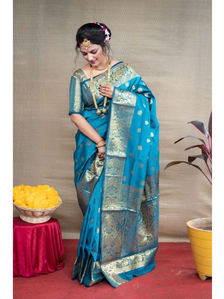     			Gazal Fashions Banarasi Silk Woven Saree With Blouse Piece - SkyBlue ( Pack of 1 )