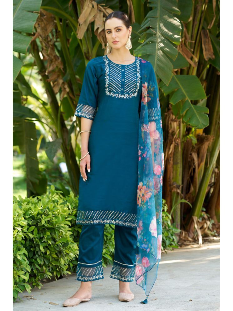     			VredeVogel Cotton Silk Embroidered Kurti With Pants Women's Stitched Salwar Suit - Teal ( Pack of 1 )