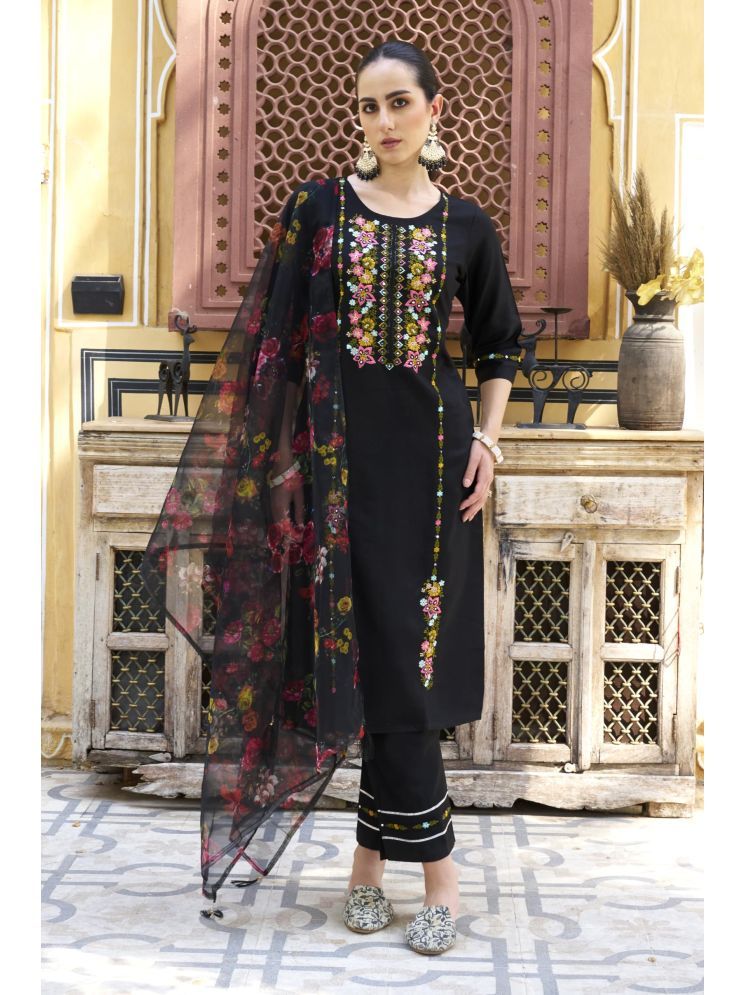     			VredeVogel Rayon Embroidered Kurti With Pants Women's Stitched Salwar Suit - Black ( Pack of 1 )