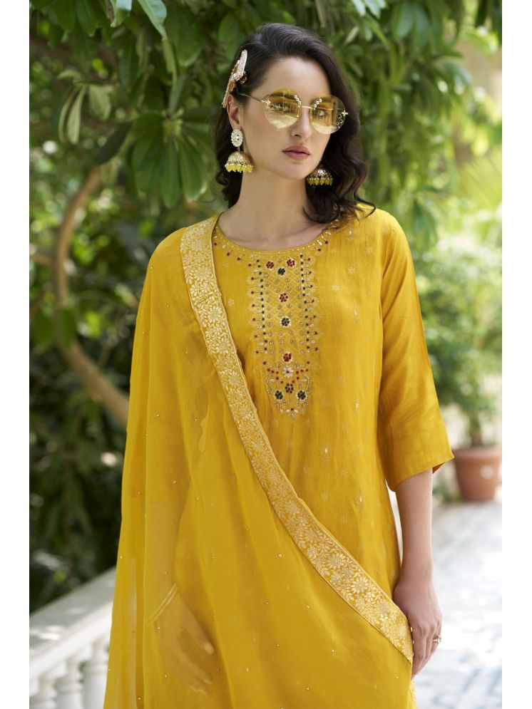     			VredeVogel Viscose Embellished Kurti With Pants Women's Stitched Salwar Suit - Yellow ( Pack of 1 )