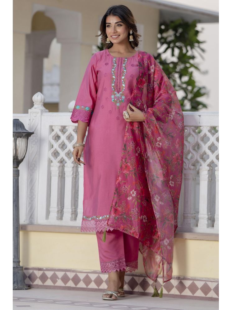     			VredeVogel Viscose Embroidered Kurti With Pants Women's Stitched Salwar Suit - Pink ( Pack of 1 )