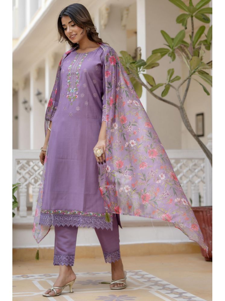     			VredeVogel Viscose Embroidered Kurti With Pants Women's Stitched Salwar Suit - Lavender ( Pack of 1 )