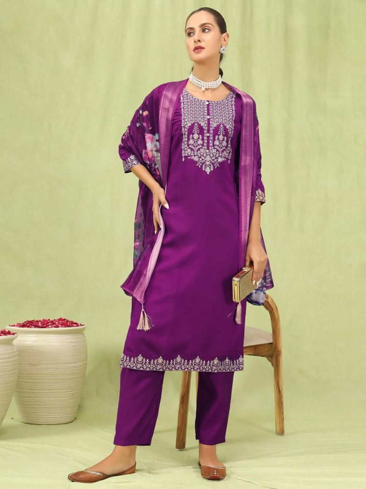     			VredeVogel Viscose Embroidered Kurti With Pants Women's Stitched Salwar Suit - Purple ( Pack of 1 )