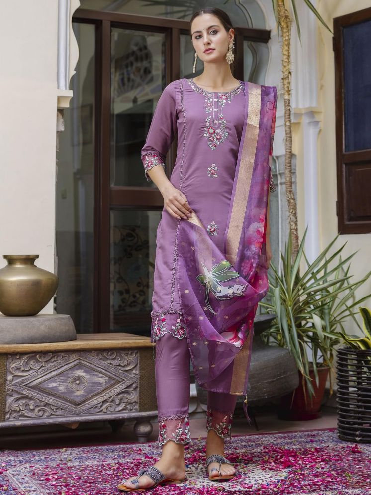     			VredeVogel Viscose Embroidered Kurti With Pants Women's Stitched Salwar Suit - Purple ( Pack of 1 )