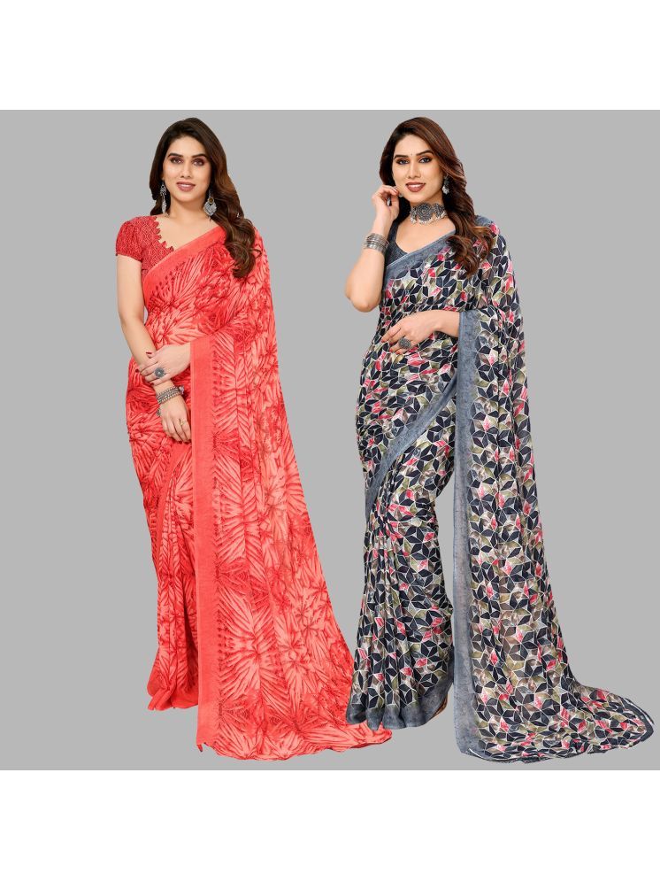     			Kashvi Sarees Georgette Printed Saree With Blouse Piece - Multicolour ( Pack of 2 )