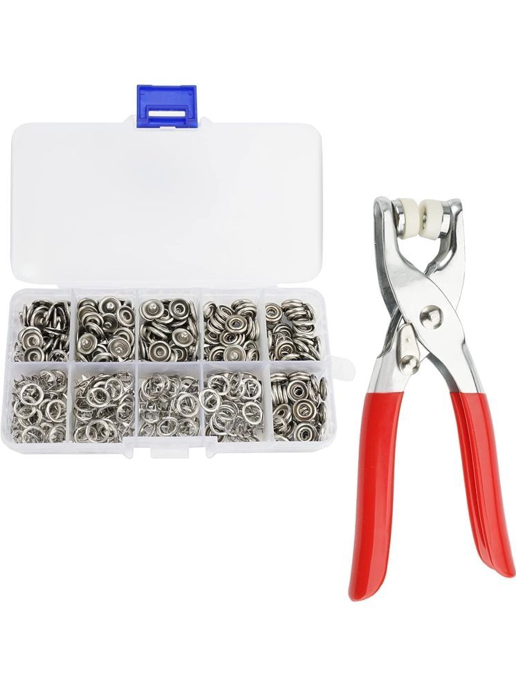     			NAMRA Snap Buttons Kit (100PCS Silver Button) Metal Thickened Fasteners Set with Hand Pliers -Easy 9.5mm Five-Claw Buckle Set for Children's Clothing Household Machine Press Tool Included