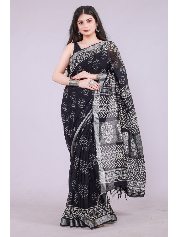     			NOITAERCPR Cotton Printed Saree With Blouse Piece - Black ( Pack of 1 )