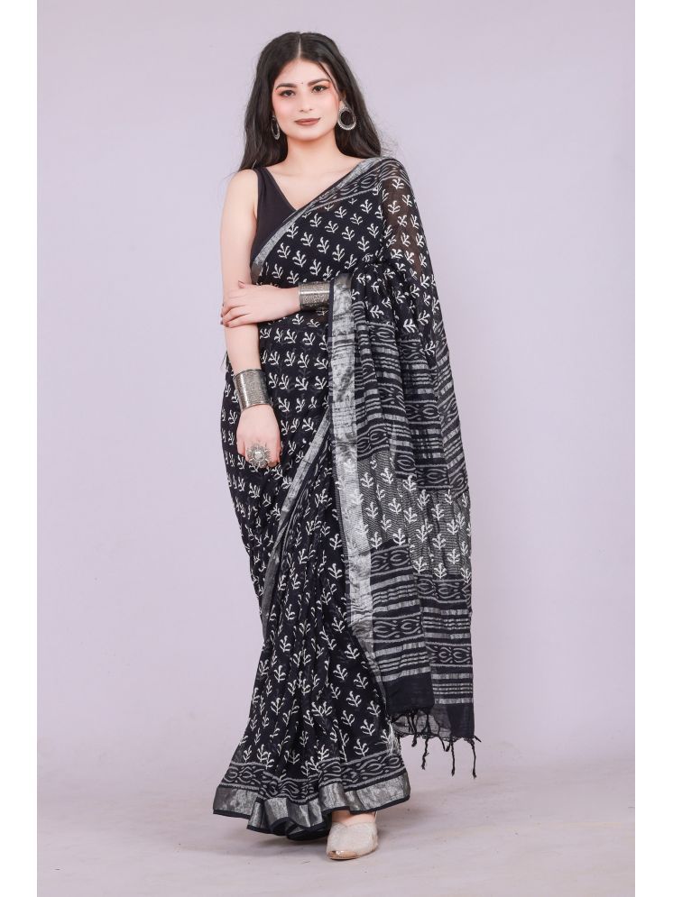     			NOITAERCPR Cotton Printed Saree With Blouse Piece - Black ( Pack of 1 )