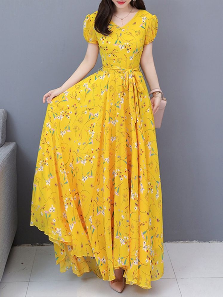     			Raabta Fashion Georgette Printed Full Length Women's Fit & Flare Dress - Yellow ( Pack of 1 )