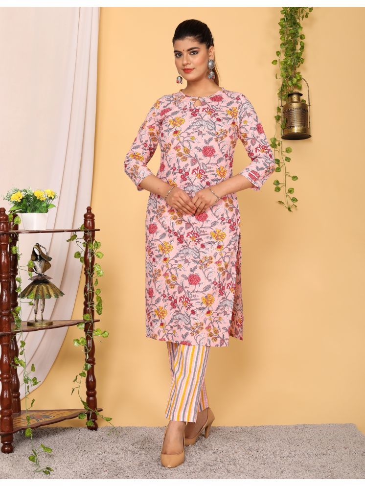     			Sarli Cotton Printed Kurti With Pants Women's Stitched Salwar Suit - Pink ( Pack of 1 )