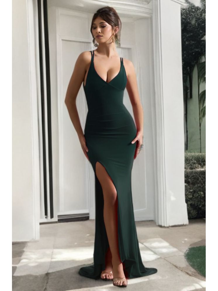     			Traquila Lycra Solid Full Length Women's Side Slit Dress - Green ( Pack of 1 )