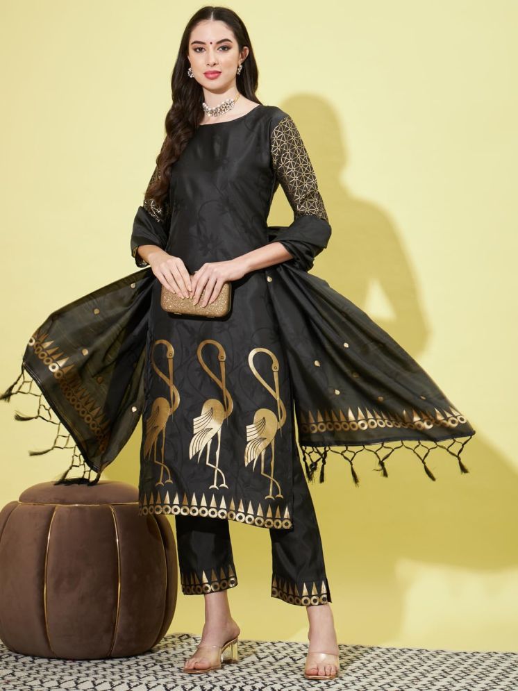     			VredeVogel Cotton Silk Self Design Kurti With Pants Women's Stitched Salwar Suit - Black ( Pack of 1 )