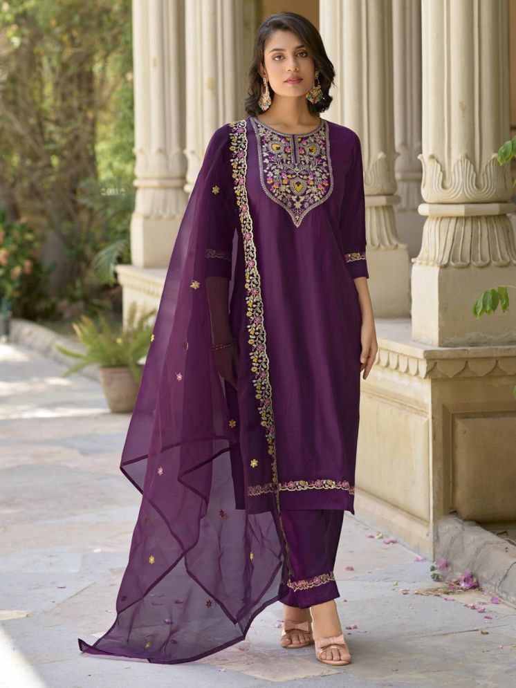     			VredeVogel Viscose Embroidered Kurti With Pants Women's Stitched Salwar Suit - Purple ( Pack of 1 )