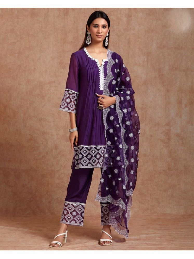     			Gazal Fashions Silk Blend Embroidered Kurti With Pants Women's Stitched Salwar Suit - Purple ( Pack of 1 )