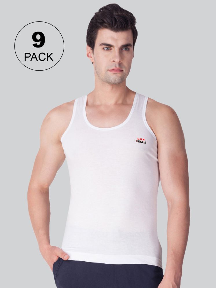     			Pack of 9 lux venus White Vest_Wh_Rn_9Pc Cotton Men's Vest