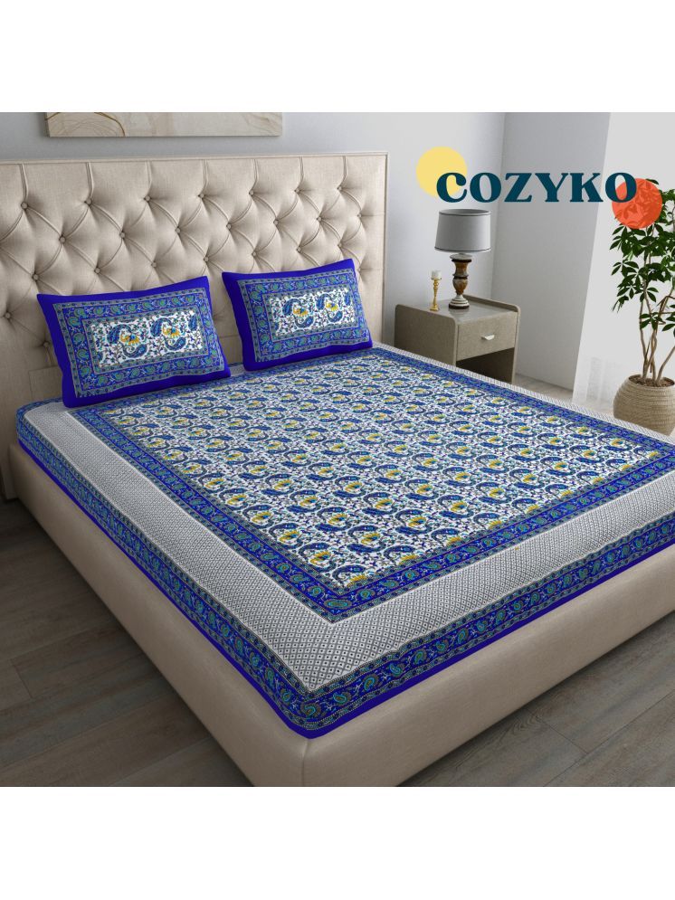     			COZYKO Cotton Ethnic 1 Double Bedsheet with 2 Pillow Covers - Blue