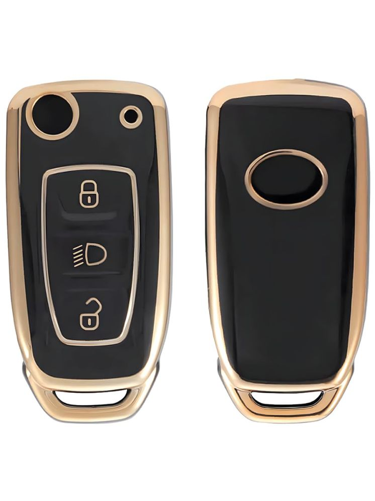     			TPU Car Key Cover for Tata Nexon | Altroz | Tiago | Punch | Harrier | Safari | Tigor | Hexa | Zest | Bolt 3 Button Flip Key Cover (Black-Gold)