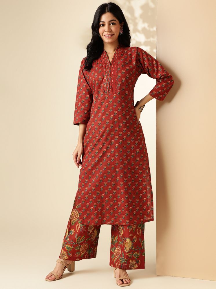     			Vbuyz Cotton Printed Kurti With Palazzo Women's Stitched Salwar Suit - Maroon ( Pack of 1 )