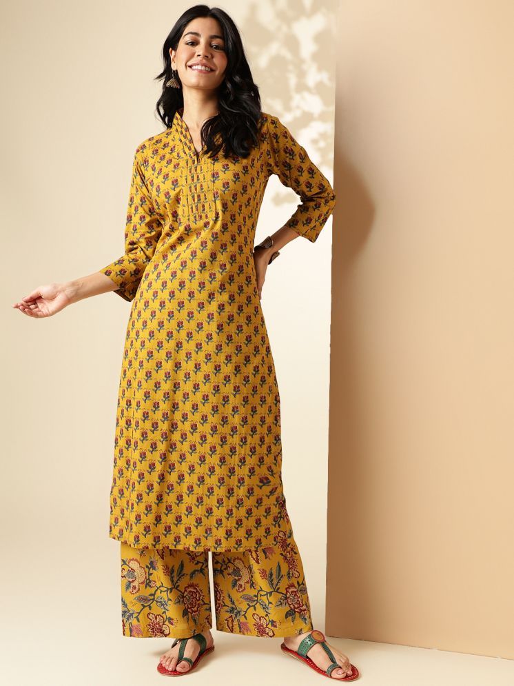     			Vbuyz Cotton Printed Kurti With Palazzo Women's Stitched Salwar Suit - Mustard ( Pack of 1 )