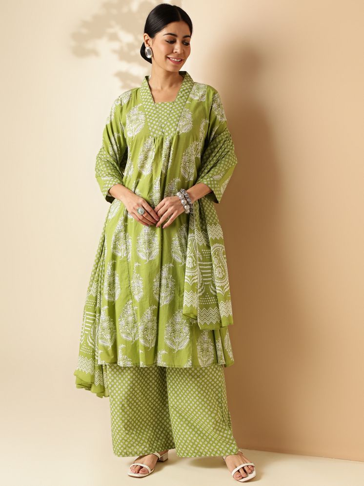     			Vbuyz Cotton Printed Kurti With Palazzo Women's Stitched Salwar Suit - Green ( Pack of 1 )