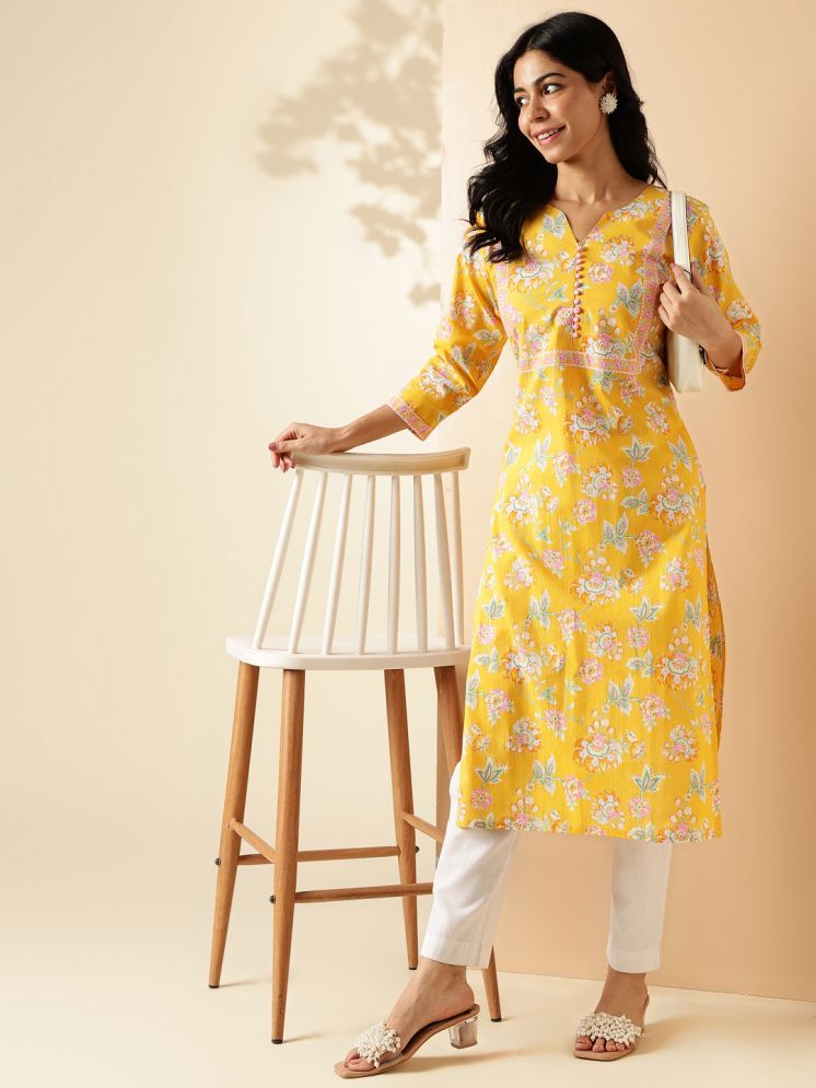     			Vbuyz Cotton Printed Straight Women's Kurti - Yellow ( Pack of 1 )