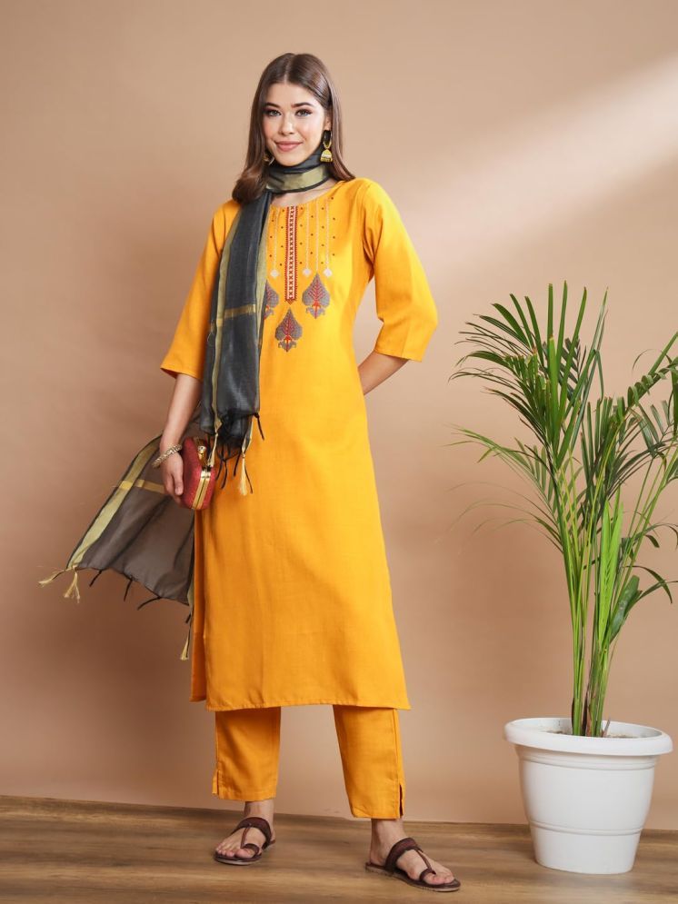     			VredeVogel Cotton Blend Embroidered Kurti With Pants Women's Stitched Salwar Suit - Yellow ( Pack of 1 )