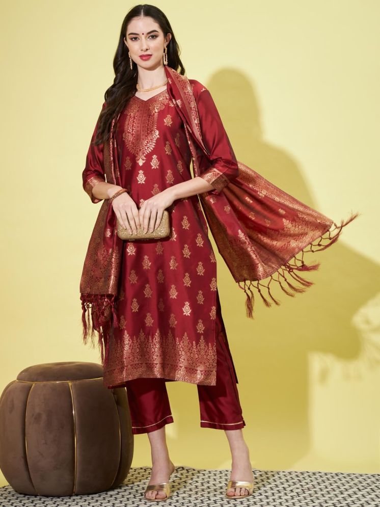     			VredeVogel Cotton Silk Embellished Kurti With Pants Women's Stitched Salwar Suit - Maroon ( Pack of 1 )