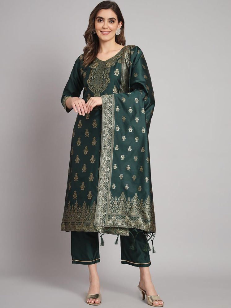     			VredeVogel Cotton Silk Embellished Kurti With Pants Women's Stitched Salwar Suit - Green ( Pack of 1 )