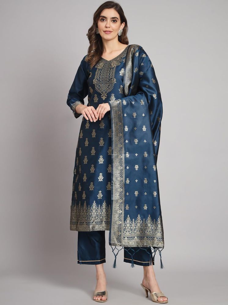     			VredeVogel Cotton Silk Embellished Kurti With Pants Women's Stitched Salwar Suit - Blue ( Pack of 1 )