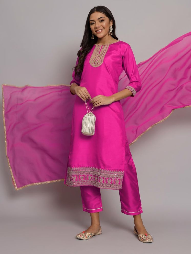     			VredeVogel Silk Blend Embellished Kurti With Pants Women's Stitched Salwar Suit - Pink ( Pack of 1 )