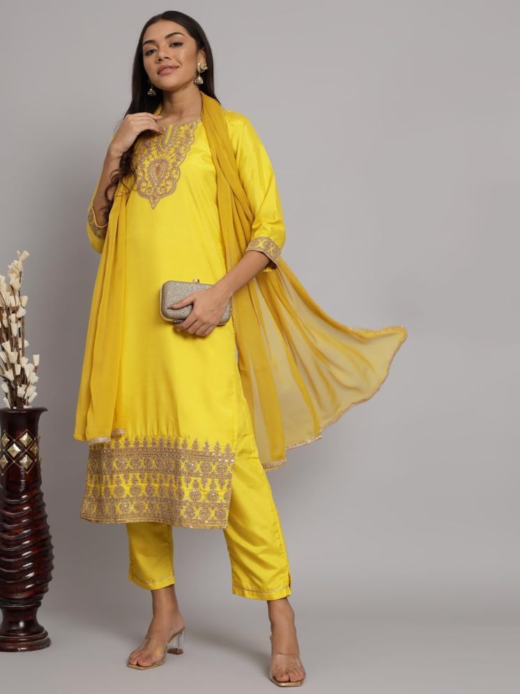     			VredeVogel Silk Blend Embroidered Kurti With Pants Women's Stitched Salwar Suit - Yellow ( Pack of 1 )