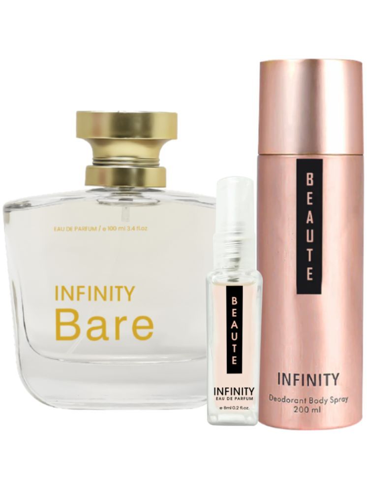     			Infinity Bare EDP Perfume 100ml, Beaute Deodorant 200ml, Beaute Pocket Perfume 8ml Pack of 3