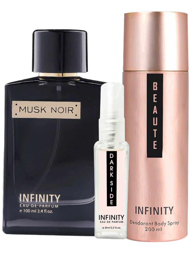     			Infinity Musk Noir EDP Perfume 100ml,Beaute Deodorant 200ml,Dark Side Pocket Perfume 8ml Pack of 3