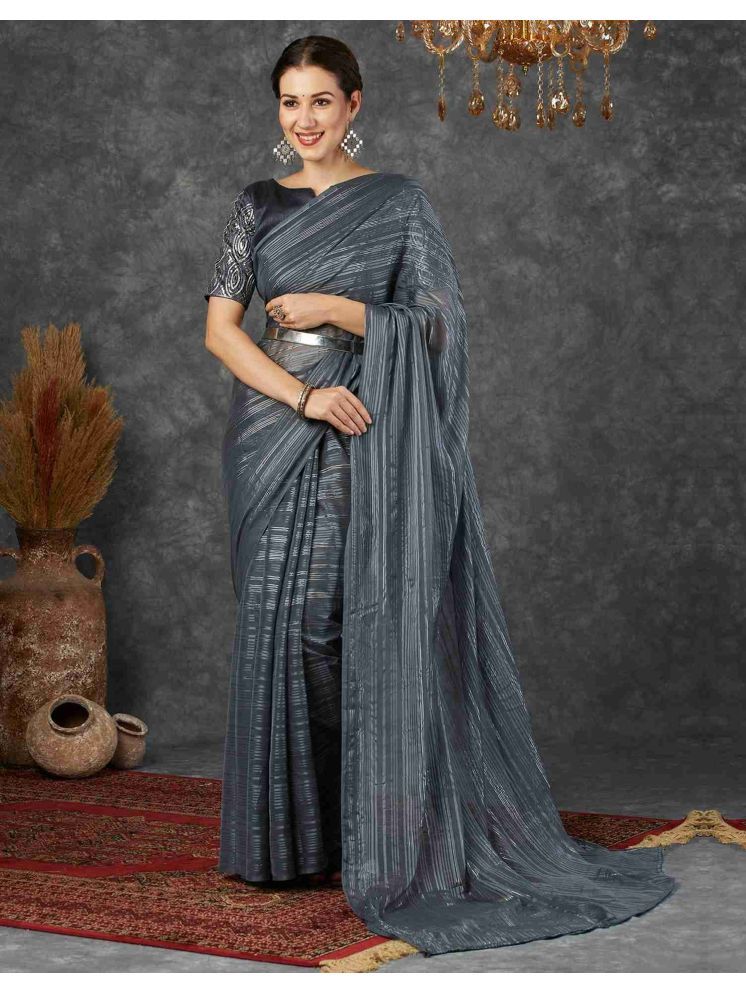     			Nandini Creation Georgette Striped Saree With Blouse Piece - Grey ( Pack of 1 )