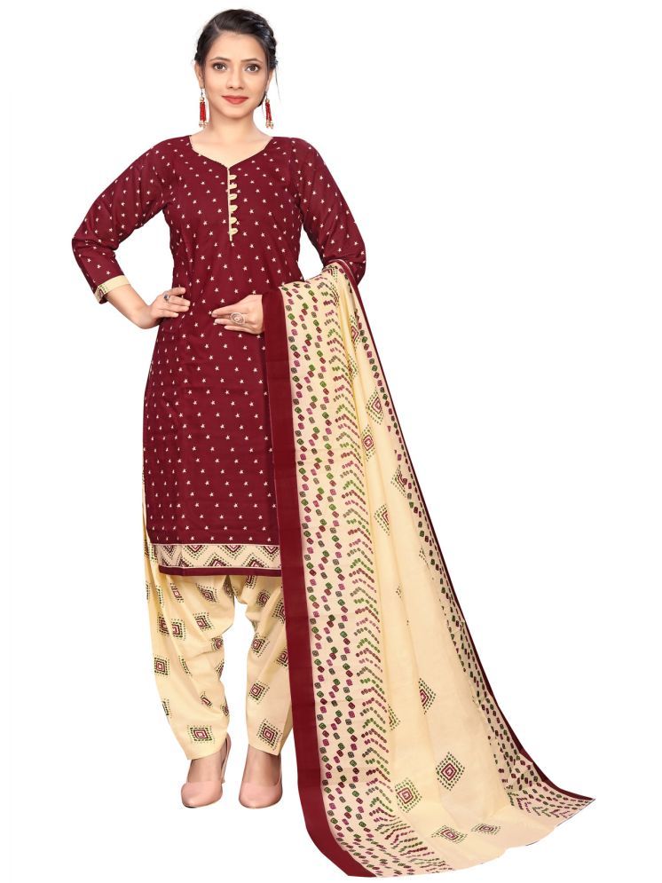     			Rajnandini Cotton Blend Printed Kurti With Patiala Women's Stitched Salwar Suit - Maroon ( Pack of 1 )