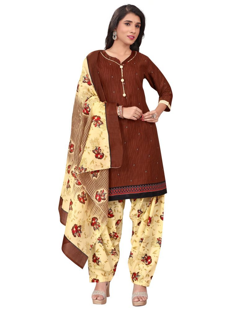     			Rajnandini Cotton Blend Printed Kurti With Patiala Women's Stitched Salwar Suit - Brown ( Pack of 1 )